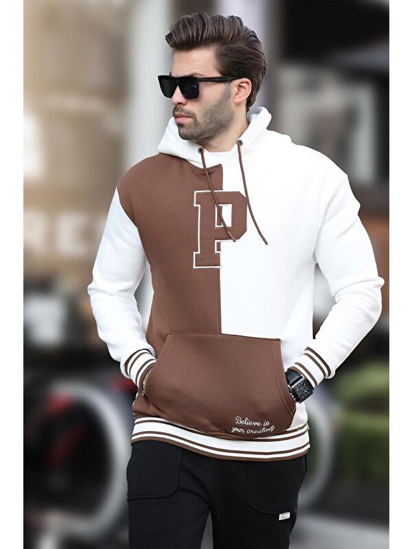 Madmext Ekru Renk Bloklu Kapüşonlu Baskılı Erkek Sweatshirt 7078