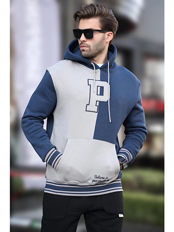 Madmext Lacivert Renk Bloklu Kapüşonlu Baskılı Erkek Sweatshirt 7078