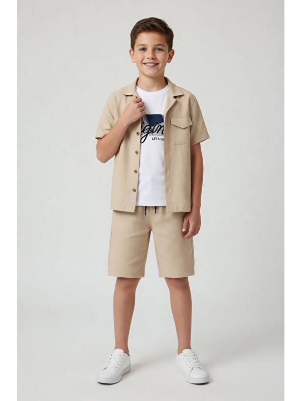 Cansın Mini Krem Erkek Çocuk Keten Gömlekli Short'lu 3'lü Takım 24583