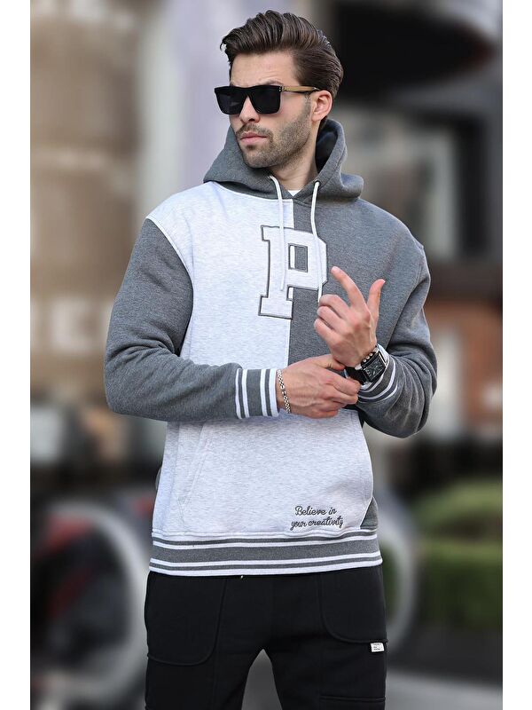 Madmext Antrasit Renk Bloklu Kapüşonlu Baskılı Erkek Sweatshirt 7078