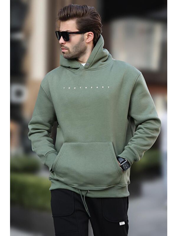Madmext Haki Kapüşonlu Baskılı Erkek Sweatshirt 7077