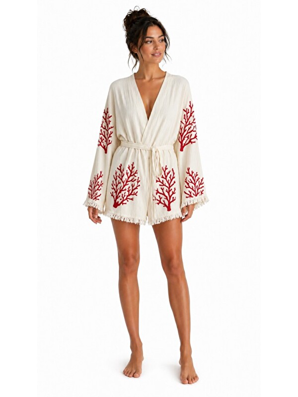 Mulberry Sedna Kadın Ekru Müslin Kimono Bornoz – Kuşaklı, Püskül Detaylı, Oversize Rahat Kesim Plaj & Ev Giyi