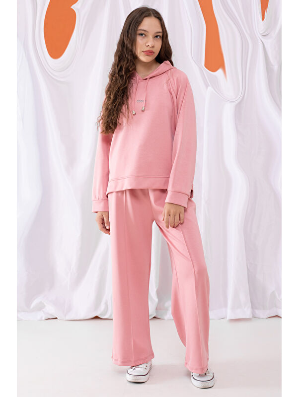 Cansın Mini Pembe Cool Yazılı Kapüşonlu Geniş Paça Kız Çocuk Eşofman Takımı 19533