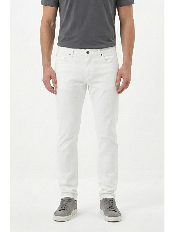 Sabri Özel Giotelli Erkek Beyaz Dar Kesim Slim Fit Dokuma Normal Bel Beş Cep Denim Pantolon