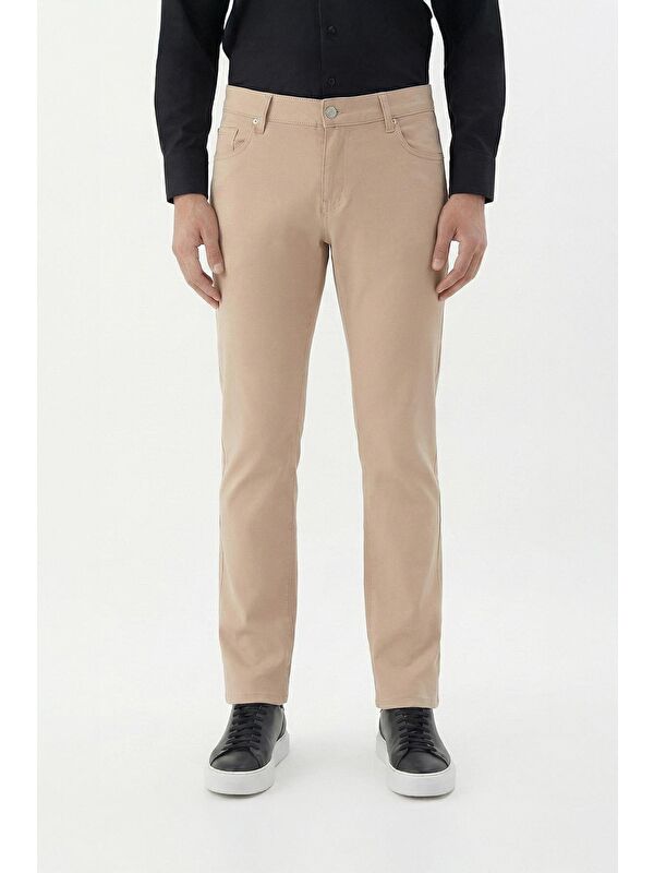 Sabri Özel Giotelli Bej Comfort Fit Yünlü 5 Cep Chino Normal Bel Standart Boy Erkek Pantolon