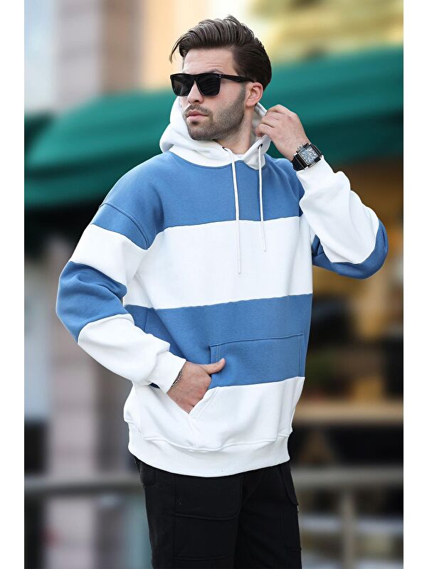 Madmext Ekru Kapüşonlu Renk Bloklu Cep Detaylı Erkek Sweatshirt 7044