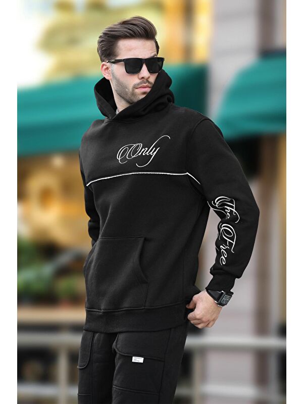 Madmext Siyah Kapüşonlu Şerit Detaylı Baskılı Erkek Sweatshirt 7091