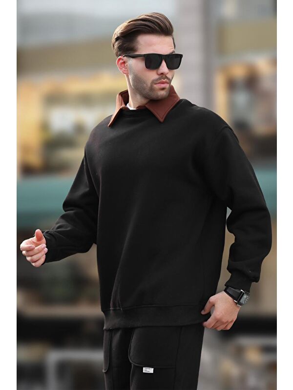 Madmext Siyah Polo Yaka Erkek Sweatshirt 7086