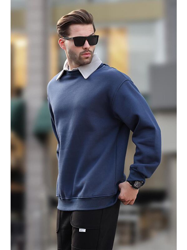 Madmext Lacivert Polo Yaka Erkek Sweatshirt 7086