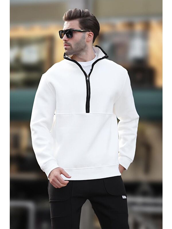 Madmext Ekru Dik Yaka Yarım Fermuarlı Sweatshirt 7079