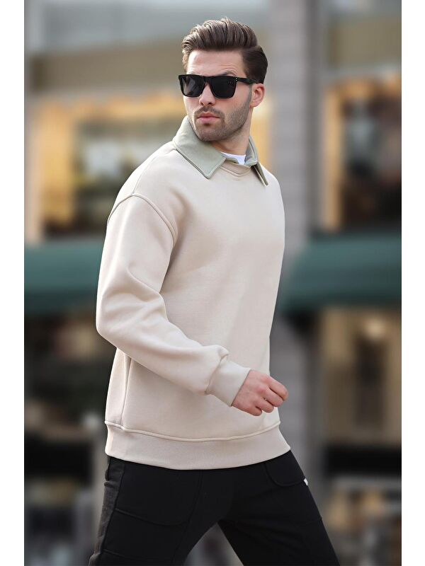 Madmext Bej Polo Yaka Erkek Sweatshirt 7086