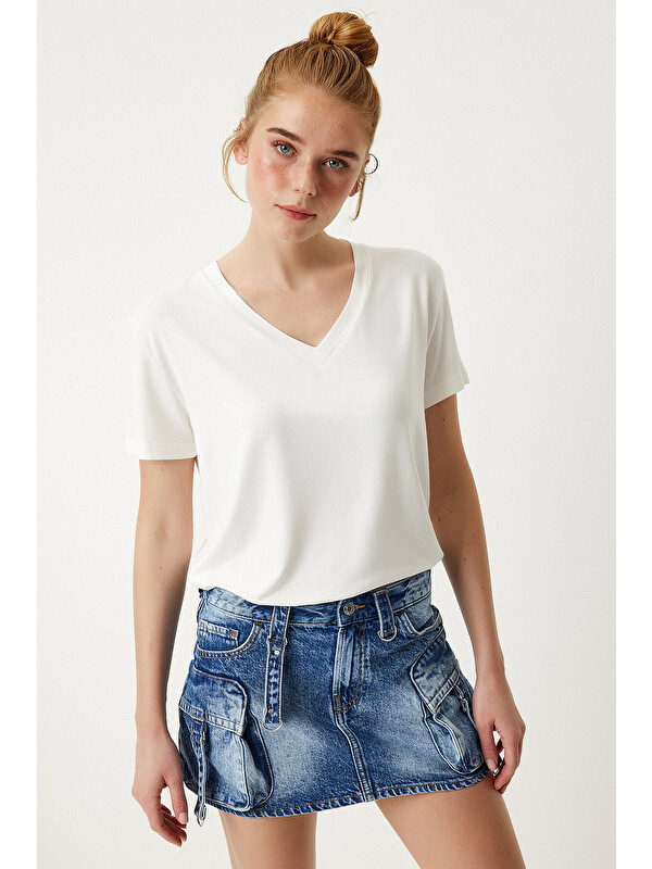 Happiness İstanbul V Yaka Basic Viskon T-shirt EKRU LEN0001