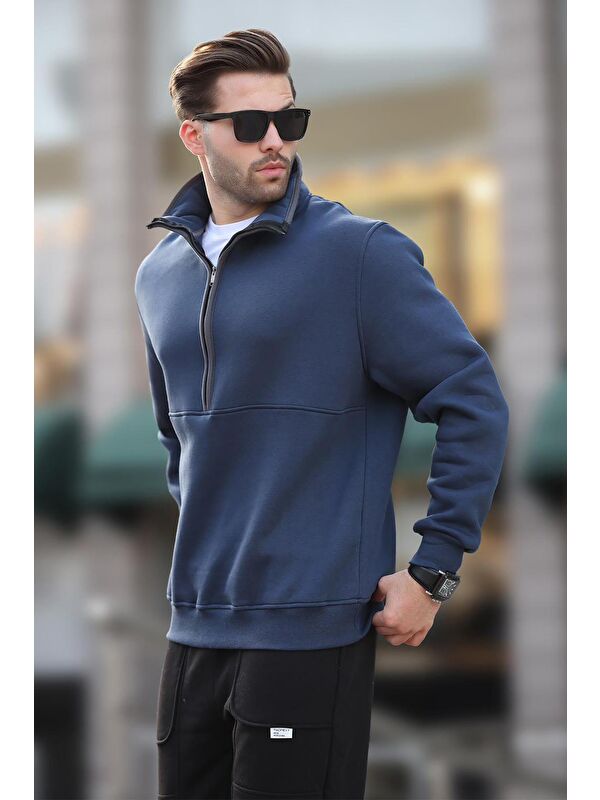 Madmext Lacivert Dik Yaka Yarım Fermuarlı Sweatshirt 7079