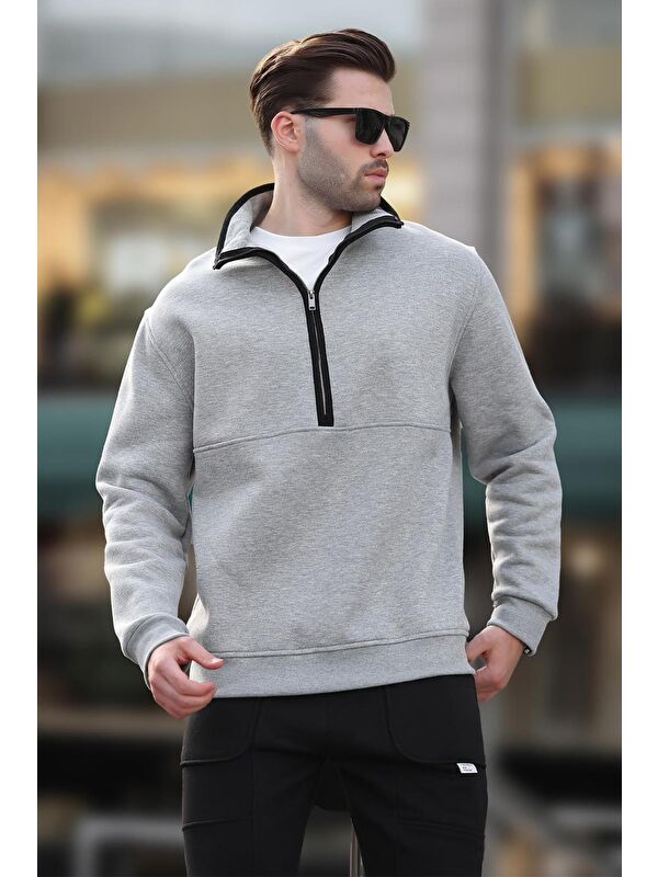 Madmext Gri Dik Yaka Yarım Fermuarlı Sweatshirt 7079
