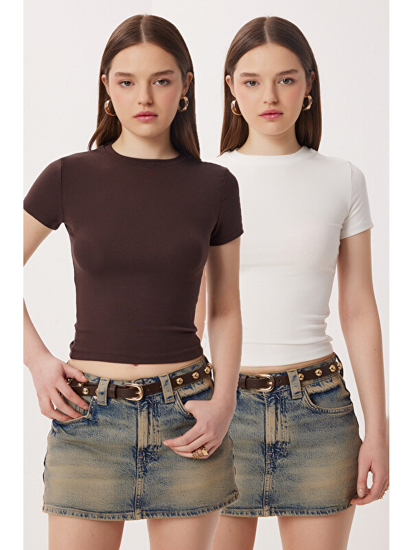 Happiness İstanbul 2’li Paket Bisiklet Yaka Basic Örme T-shirt KAHVERENGİ KEMİK LDZ0066
