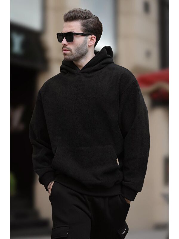 Madmext Siyah Kapüşonlu Cep Detaylı Polar Erkek Sweatshirt 7093