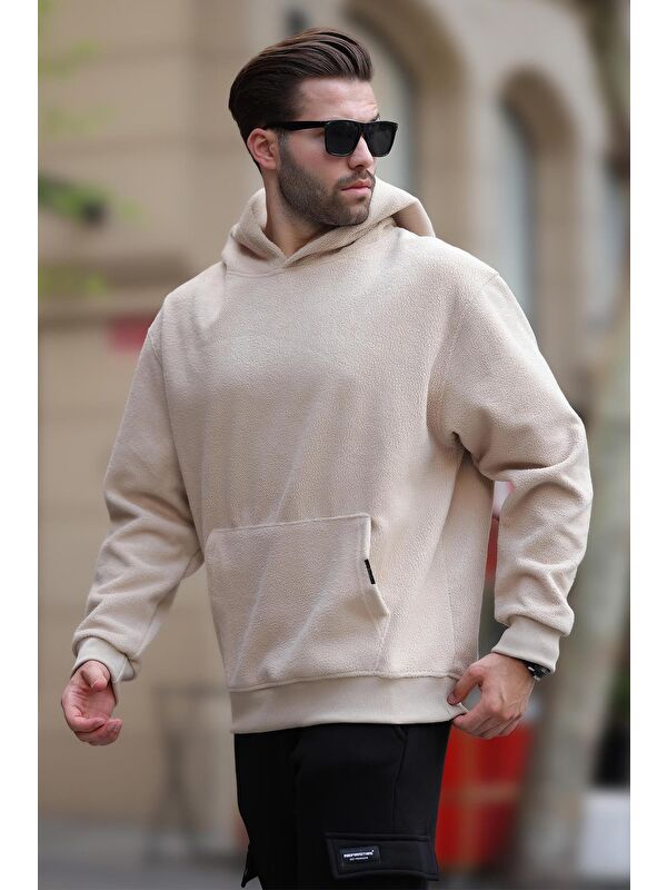Madmext Bej Kapüşonlu Cep Detaylı Polar Erkek Sweatshirt 7093