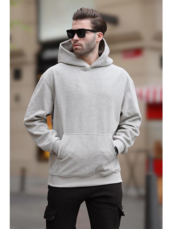 Madmext Boyalı Gri Kapüşonlu Cep Detaylı Polar Erkek Sweatshirt 7093