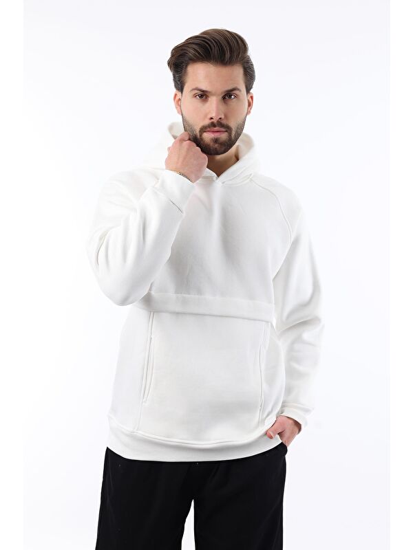 Madmext Ekru Kapüşonlu Cep Detaylı Erkek Sweatshirt 7092