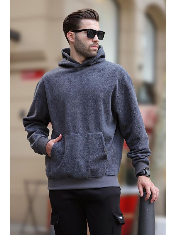 Madmext Füme Kapüşonlu Cep Detaylı Polar Erkek Sweatshirt 7093