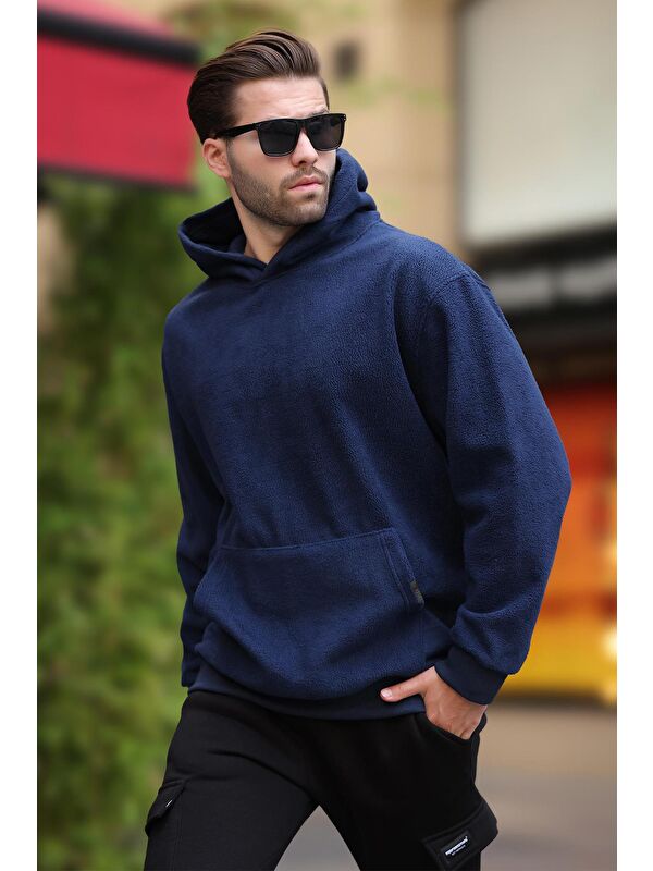 Madmext Lacivert Kapüşonlu Cep Detaylı Polar Erkek Sweatshirt 7093