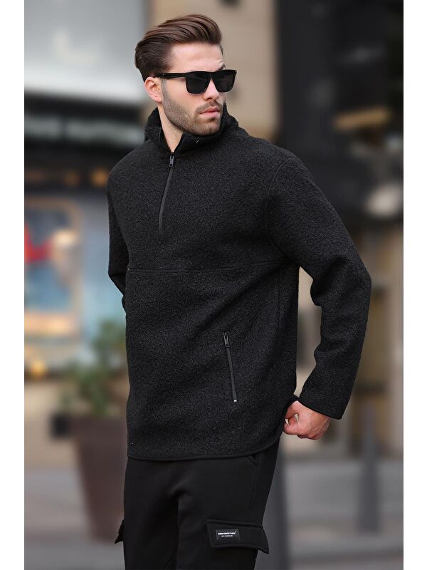 Madmext Siyah Dik Yaka Yarım Fermuarlı Buklet Sweatshirt 7084