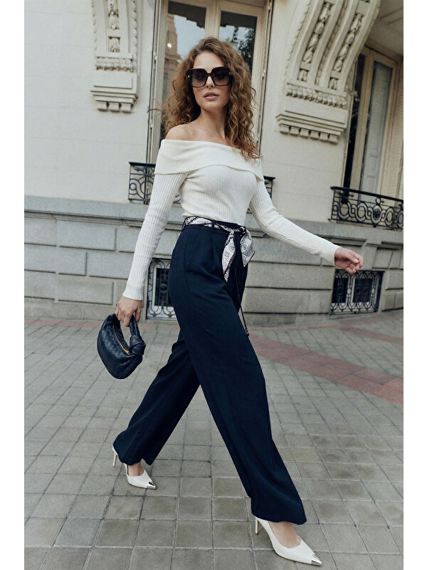 Lela Regular Fit Yüksek Bel Düz Paça Fular Kemerli Kadın Pantolon 6923860