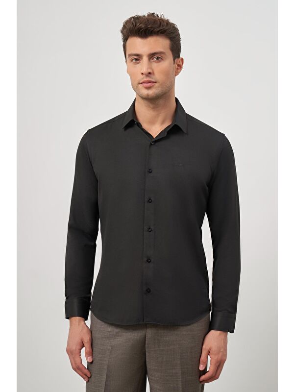 İMZA Siyah Uzun Kol  Armürlü 032 Sert Yaka Classic Slim Fit Gömlek 1004245152