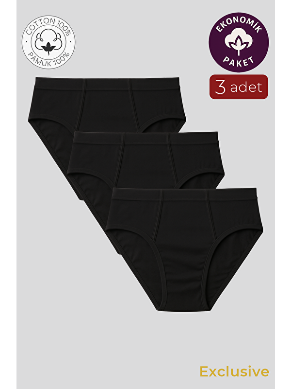 Kompedan Erkek Pamuklu Süprem Slip %100 Pamuk Külot 3'Lü Paket – Rahat & Dayanıklı | Siyah K0037