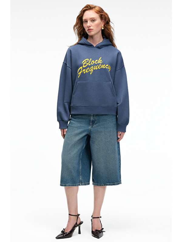 GRIMELANGE EVANTIA Kadın Baskılı Oversize Kapüşonlu Nakış Detaylı Kanguru Cep LACİVERT Sweatshirt