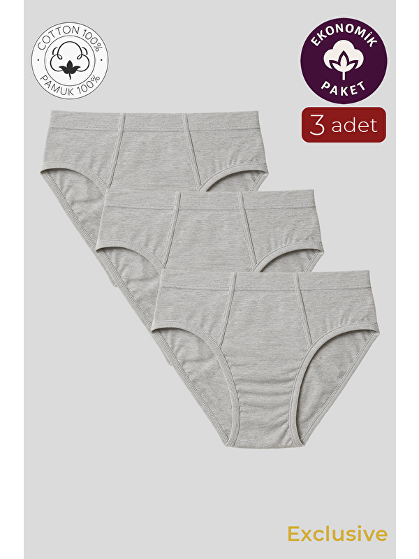 Kompedan Erkek Pamuklu Süprem Slip %100 Pamuk Külot 3'Lü Paket – Rahat & Dayanıklı | Gri Melanj K0037