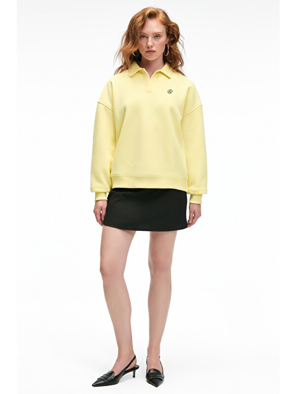GRIMELANGE ODESSA Kadın Polo Yaka Oversize Göğüs Nakış Detaylı Patlı SARI Sweatshirt