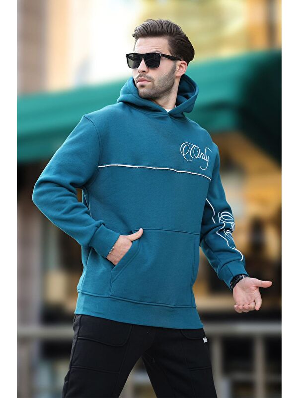 Madmext Petrol Mavisi Kapüşonlu Şerit Detaylı Baskılı Erkek Sweatshirt 7091