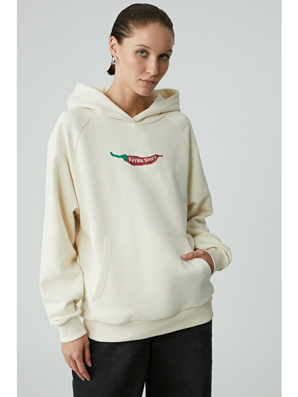 GRIMELANGE CHILLI Kadın Oversize Şardonlu Kapüşonlu Baskılı Kanguru Cepli EKRU Sweatshirt
