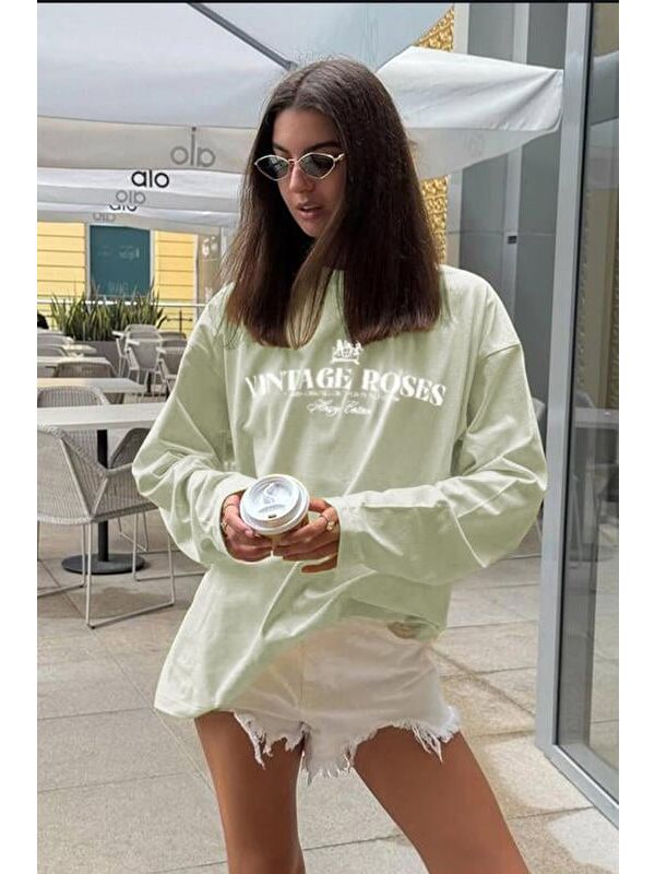 Madmext Mint Yeşili Baskılı Uzun Kollu Tişört Mg2451