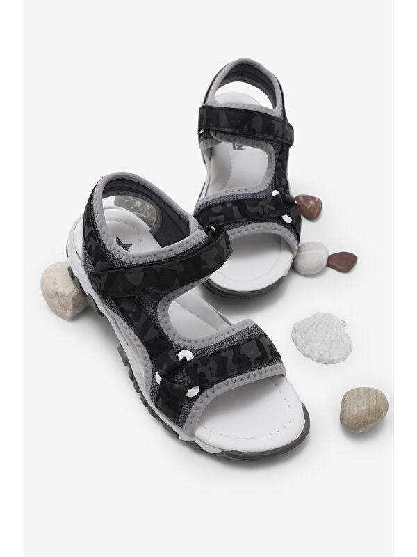 TONNY BLACK Çocuk Unisex Siyah Kamuflaj Çoçuk Cırtlı Sandalet