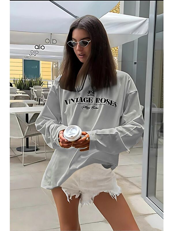Madmext Boyalı Gri Baskılı Uzun Kollu Tişört Mg2451