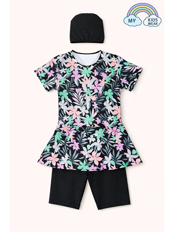 My Kids Wear Kız Çocuk Desenli Şortlu Bone’li Mayo Takımı 12572