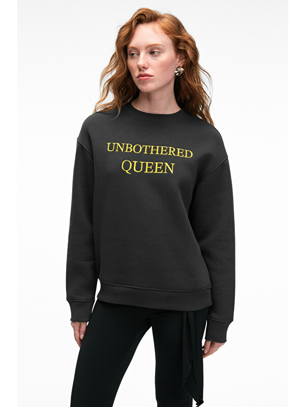 GRIMELANGE ISOLUNE Kadın Yaka Nakış Detaylı Oversize Bisiklet Yaka ANTRASİT Sweatshirt