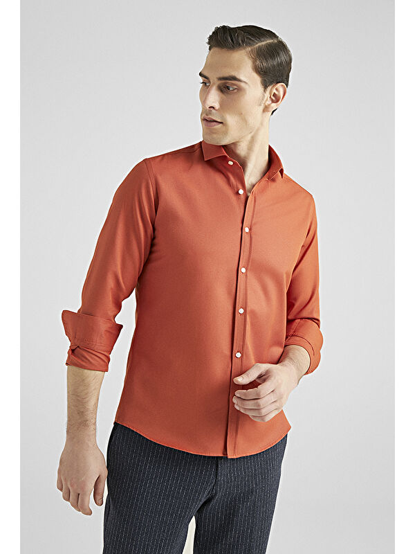 D'S damat Slim Fit Turuncu Oxford Gömlek
