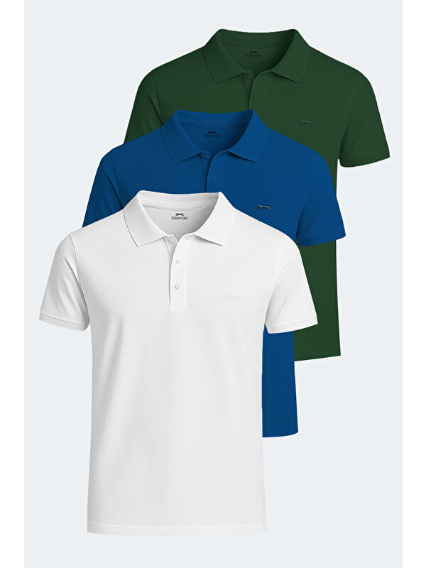 SLAZENGER SOHO 3 lü Set Erkek Saks Mavi - Yeşil - Beyaz %100 Pamuk Tişört