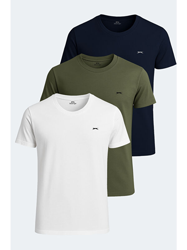 SLAZENGER SANDER KTN 3 lü Set Erkek Beyaz - Lacivert - Haki %100 Pamuk Tişört