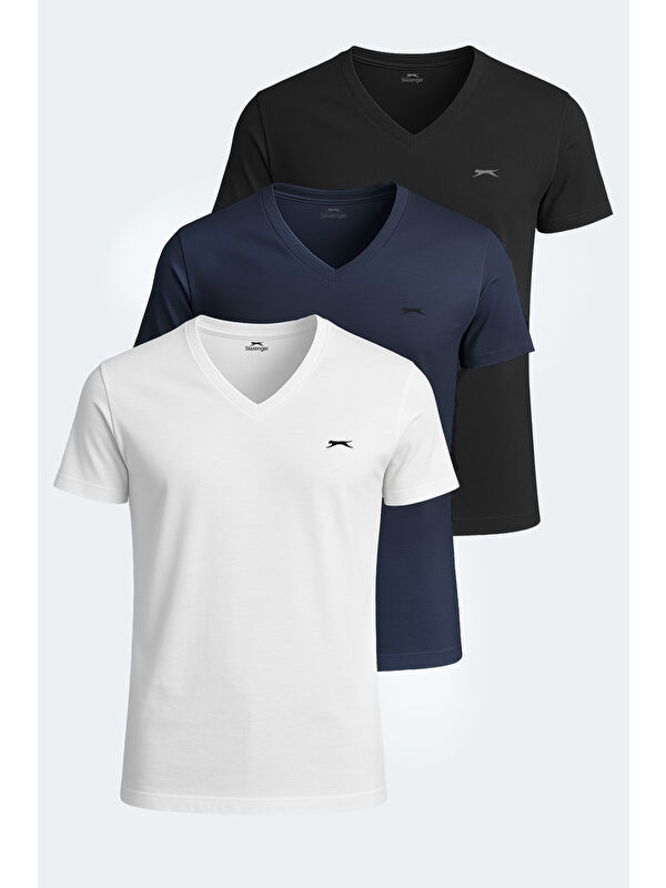 SLAZENGER SARGON 3 lü Set Erkek Beyaz - Siyah - Lacivert %100 Pamuk Tişört