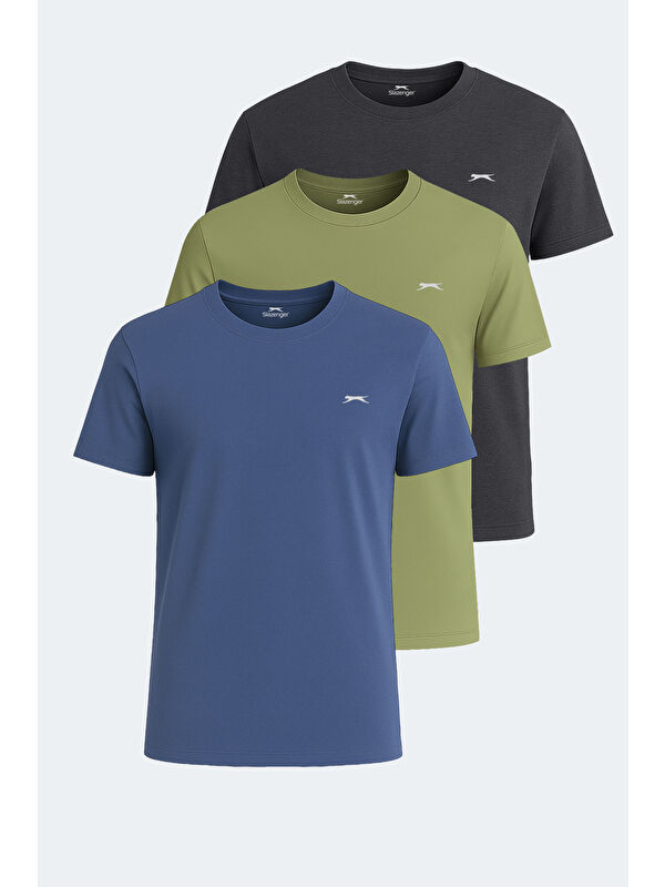 SLAZENGER KRATER 3 lü Set Erkek Koyu Gri - Açık Yeşil - Indigo Tişört