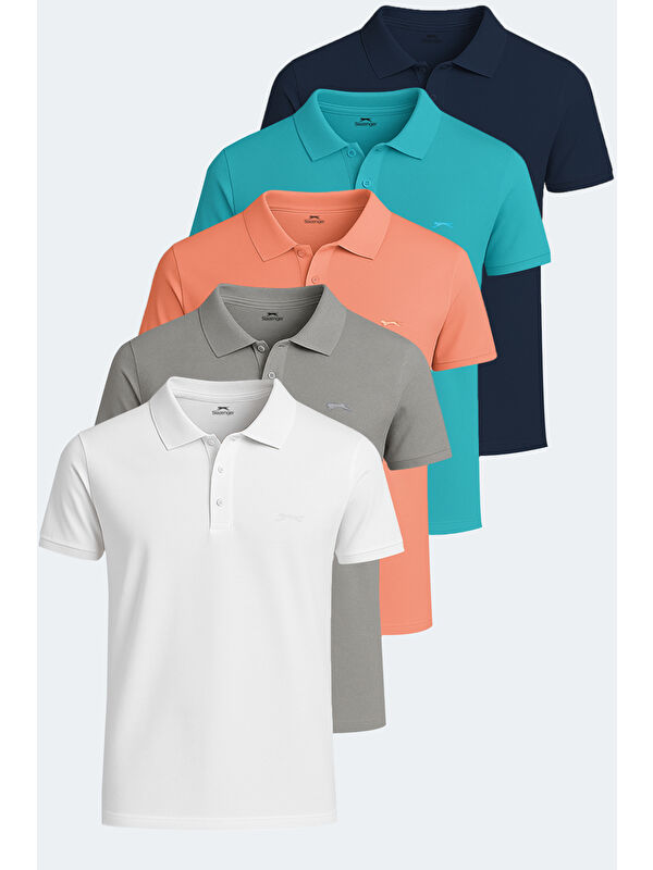 SLAZENGER SOHO 5 li Set Erkek Beyaz - Gri - Lacivert - Somon - Turkuaz %100 Pamuk Tişört
