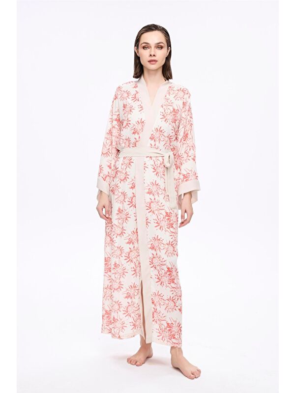Haşema Pembe Çiçek Desenli Uzun Kimono 5043