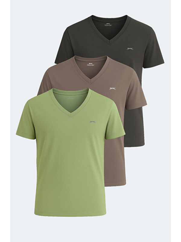 SLAZENGER KRAKKER 3 lü Set Erkek Koyu Gri - Açık Yeşil - Kahve Tişört
