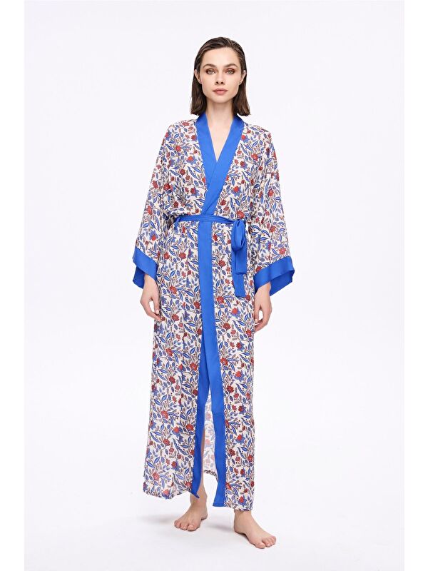 Haşema Mavi Çiçek Desenli Uzun Kimono 5049