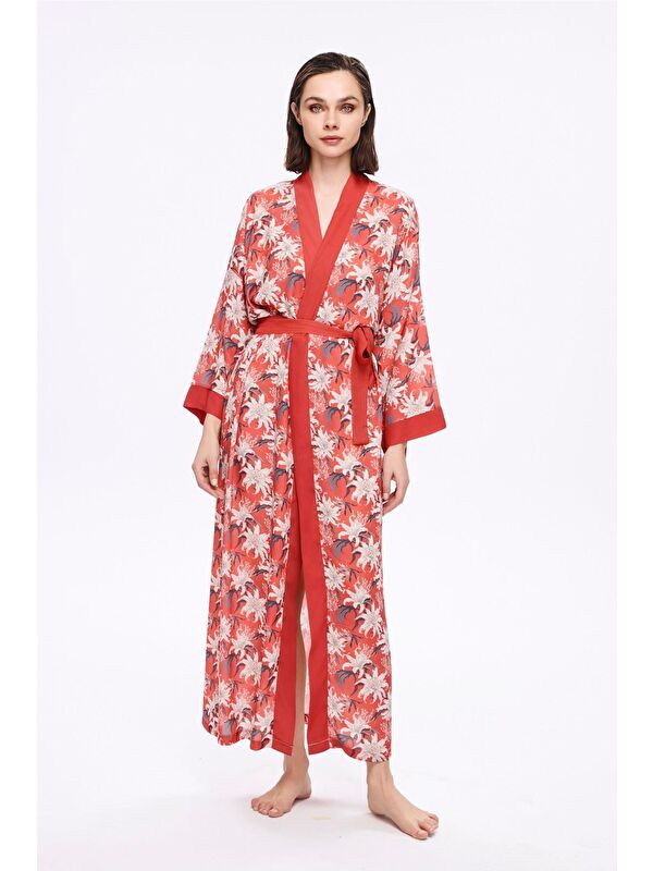 Haşema Nar Çiçeği Kırmızı Çiçek Desenli Uzun Kimono 5040