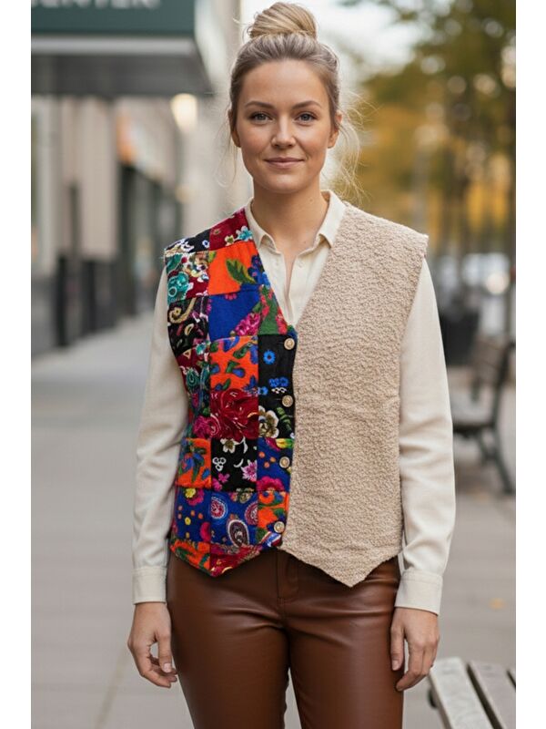 Chiccy Bej V Yaka Kolsuz Patchwork Baskılı Düğmeli Casual Dokuma Yelek 65 58